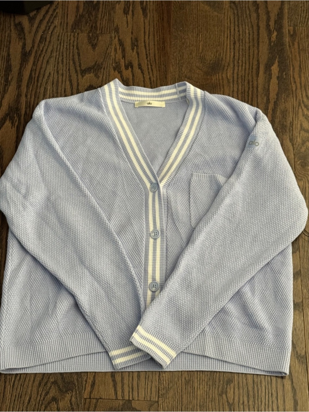 Alo light Provence blue tennis club sweater knit cardigan BRAND NEW Size XS